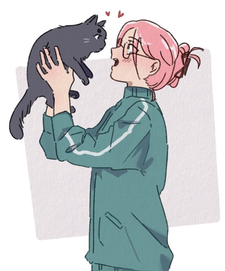 1girl alien_stage animal animalization black_cat cat claw_hair_clip commentary glasses green_jacket heart holding holding_animal holding_cat jacket long_sleeves mizi_(alien_stage) motii open_mouth pink_hair purple_eyes sua_(alien_stage) symbol-only_commentary yellow_eyes