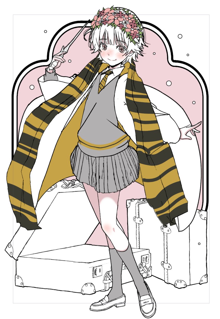 black_necktie black_scarf black_trim blush border breasts brown_eyes cloak closed_mouth collared_shirt commentary diagonal-striped_clothes diagonal-striped_necktie dress_shirt floating_cape floating_clothes flower full_body grey_skirt grey_socks grey_sweater hair_flower hair_ornament hand_up harry_potter_(series) head_wreath heel_up highres holding holding_wand hufflepuff kneehighs loafers long_sleeves looking_at_viewer necktie niea nose_blush outstretched_arms parody partially_colored pink_background pink_flower pleated_skirt scarf school_uniform shirt shoes short_hair skirt small_breasts smile socks squeans standing striped_clothes striped_scarf suitcase sweater sweater_vest toaru_kagaku_no_railgun toaru_majutsu_no_index trim_marks two-sided_cloak two-sided_fabric uiharu_kazari v-neck wand white_background white_border white_hair white_shirt wizarding_world yellow_cloak yellow_necktie yellow_scarf yellow_trim