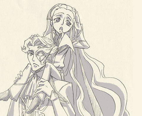2boys artist_request code_geass green_hair jeremiah_gottwald lowres male_focus monochrome multiple_boys simple_background source_request v.v.