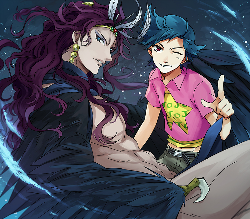 2boys bad_id bad_pixiv_id blue_eyes blue_hair feathers george_joestar_ii jojo_no_kimyou_na_bouken kars_(jojo) long_hair male_focus multiple_boys purple_hair red_eyes sewenan wings