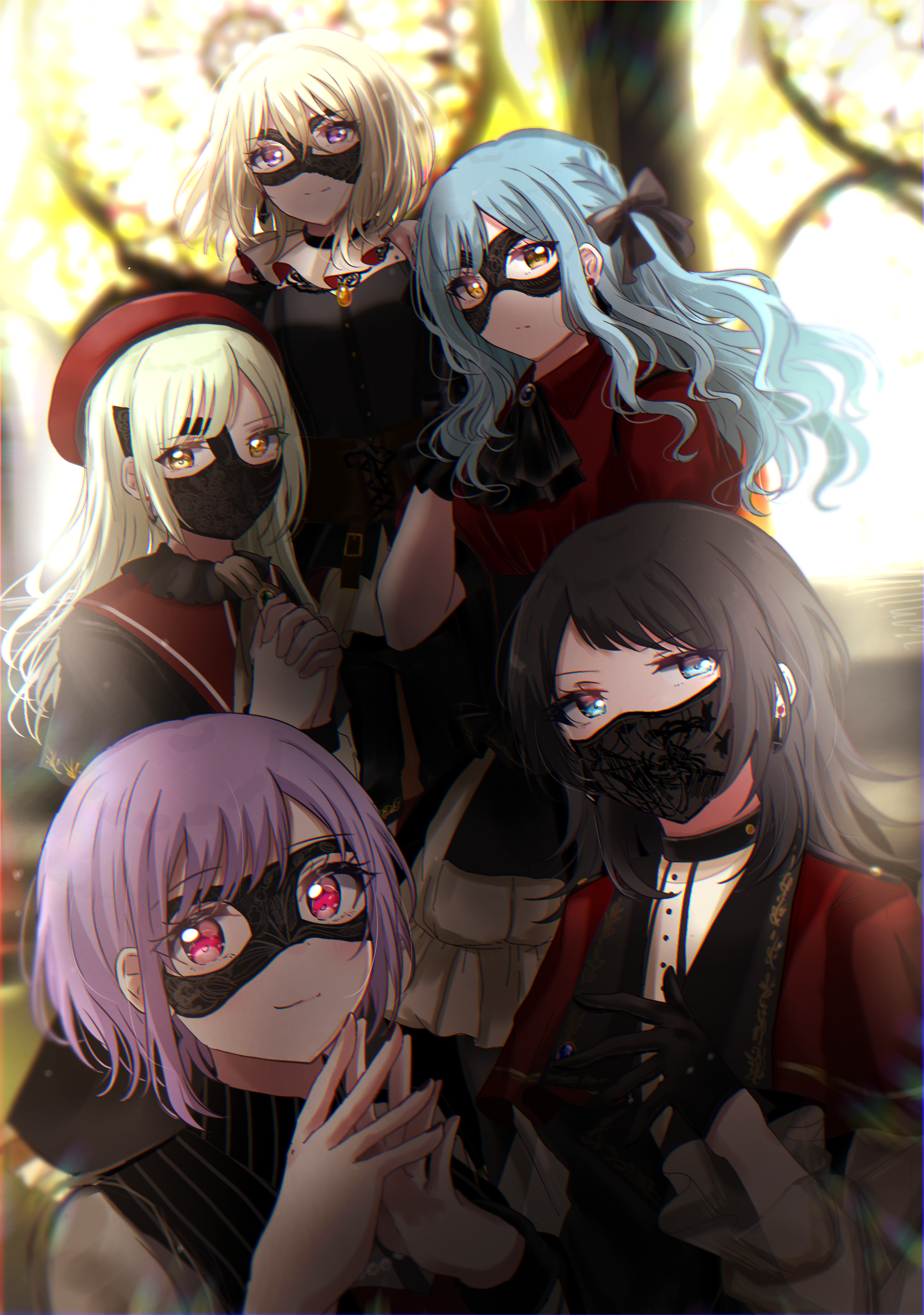 5girls amoris_(bang_dream!) asahi_rise ascot ave_mujica_(bang_dream!) bang_dream! bang_dream!_it's_mygo!!!!! beret black_ascot black_gloves black_hair black_mask black_nails blonde_hair blue_eyes blue_hair capelet clothing_cutout commentary_request corrupted_twitter_file doloris_(bang_dream!) earrings gloves green_hair hair_intakes hat highres jewelry long_hair looking_at_viewer mask masquerade_mask medium_hair misumi_uika mortis_(bang_dream!) mortis_(costume)_(bang_dream!) mouth_mask multiple_girls nail_polish oblivionis_(bang_dream!) own_hands_clasped own_hands_together puffy_short_sleeves puffy_sleeves purple_eyes purple_hair red_capelet red_eyes red_hat red_shirt shirt short_hair short_sleeves shoulder_cutout sidelocks steepled_fingers timoris_(bang_dream!) togawa_sakiko wakaba_mutsumi white_shirt yahata_umiri yellow_brooch yellow_eyes yuutenji_nyamu