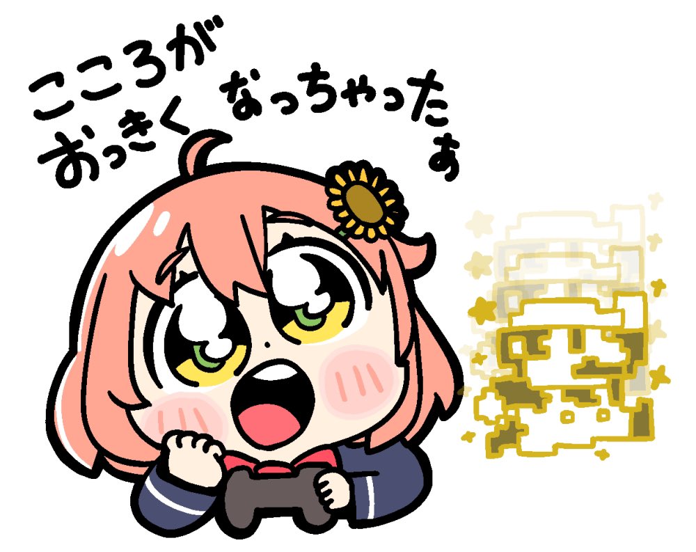 1girl :o ahoge bkub blush bow bowtie chibi chibi_only commentary dot_nose flower green_pupils hair_between_eyes hair_flower hair_ornament honma_himawari honma_himawari_(1st_costume) long_sleeves mario mario_(series) nijisanji nintendo open_mouth pink_hair red_bow red_bowtie school_uniform short_hair simple_background sunflower sunflower_hair_ornament teeth translation_request upper_teeth_only virtual_youtuber white_background yellow_eyes yellow_flower
