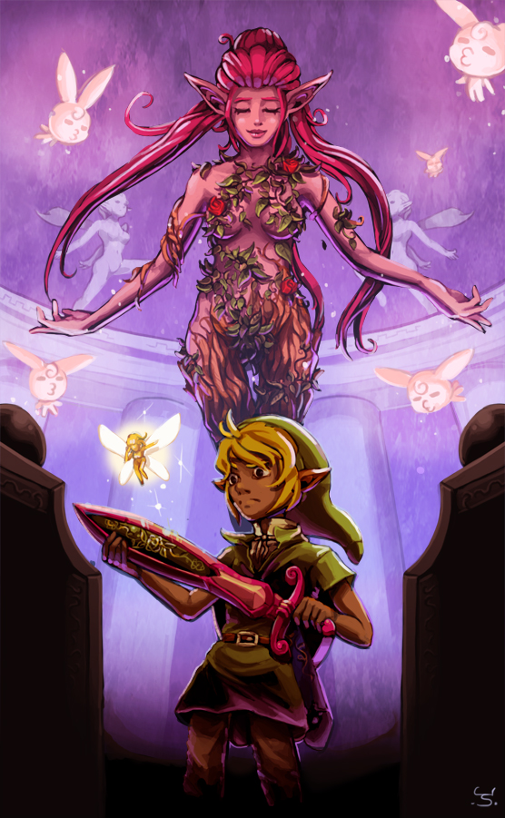 1boy 1girl blonde_hair breasts closed_eyes colored_skin fairy great_fairy_(zelda) holding holding_sword holding_weapon joakim_sandberg link long_hair nintendo over_shoulder pink_hair pink_skin plant pointy_ears scabbard sheath shield shield_on_back size_difference sword tatl the_legend_of_zelda the_legend_of_zelda:_majora&#039;s_mask tunic vines weapon weapon_over_shoulder