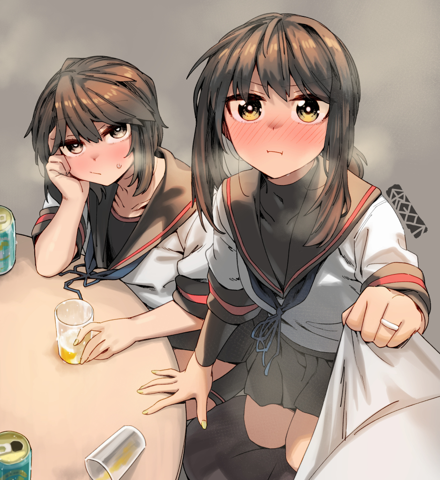 1other 2girls artist_logo artist_name black_hair black_sailor_collar black_skirt blush brown_eyes can closed_mouth cup ergot fingernails fubuki_(kancolle) fubuki_kai_ni_(kancolle) green_eyes green_nails grey_background jewelry kantai_collection layered_sleeves logo long_sleeves looking_at_viewer miyuki_(kancolle) miyuki_kai_ni_(kancolle) multiple_girls nail_polish pleated_skirt ponytail ring sailor_collar school_uniform serafuku short_hair short_over_long_sleeves short_ponytail short_sleeves simple_background skirt wedding_ring