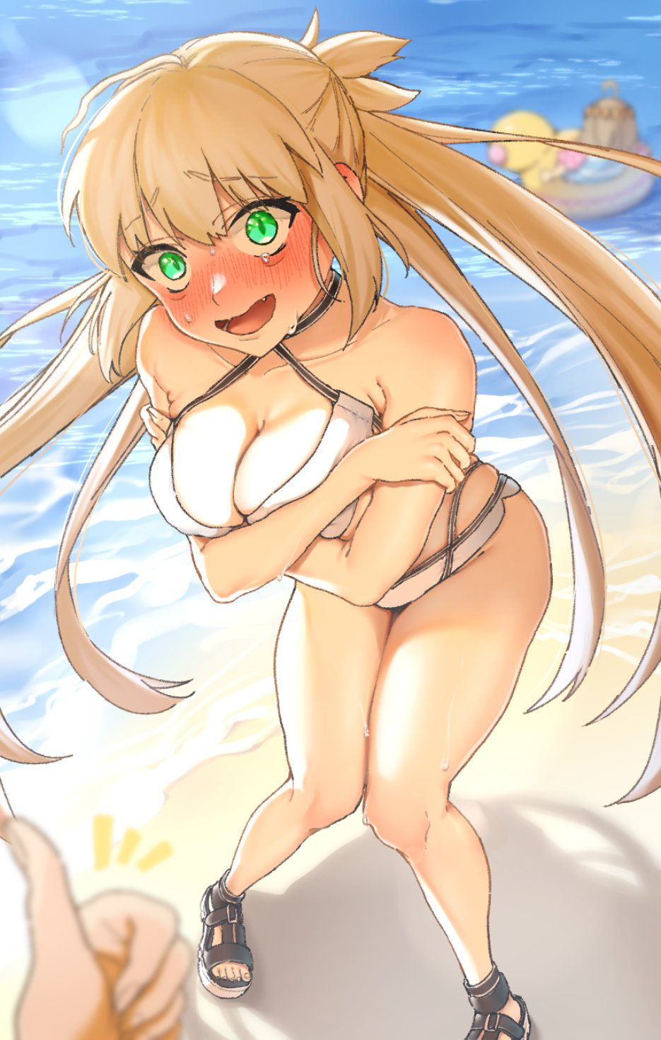 1boy 1girl 1other ahoge artoria_caster_(fate) artoria_caster_(swimsuit_berserker)_(fate) artoria_caster_(swimsuit_berserker)_(first_ascension)_(fate) artoria_pendragon_(fate) bare_shoulders beach bikini blonde_hair blush breasts cleavage covering_one_breast covering_privates criss-cross_halter crying crying_with_eyes_open diamond_hairband duck_innertube fate/grand_order fate_(series) full_body green_eyes grey_hair halterneck highres hiyayaako innertube long_hair looking_at_viewer low_twintails medium_hair oberon_(fate) open_mouth outdoors sand sandals shore sidelocks solo_focus sports_sandals sweat swim_ring swimsuit tears tears_from_one_eye thumbs_up twintails very_long_hair white_bikini wilted_ahoge