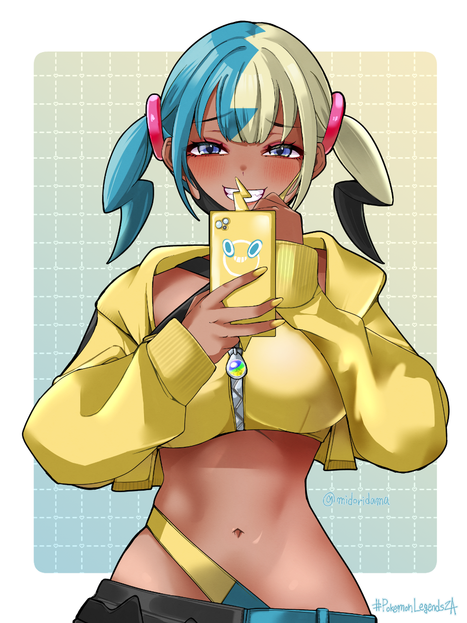 1girl bandeau blue_eyes border breasts canari_(pokemon) commentary copyright_name cropped_jacket eyelashes gen_4_pokemon grid_background grin hands_up highres holding holding_phone jacket long_sleeves looking_at_viewer mask mask_pull midoridama mouth_mask multicolored_hair nail_polish navel nintendo open_clothes open_jacket outside_border phone pokemon pokemon_legends:_z-a raised_inner_eyebrows rotom rotom_phone short_twintails sleeves_past_wrists smile stomach strap teeth twintails white_border yellow_bandeau yellow_jacket yellow_nails zipper zipper_pull_tab