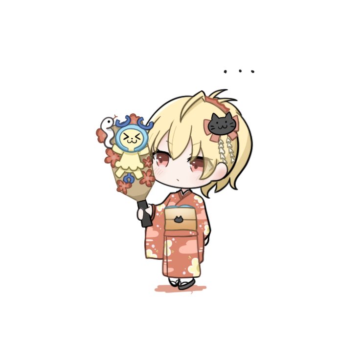 ... 1girl ahoge andou_tazusa arm_at_side assault_lily blonde_hair blush bow cat_hair_ornament charmy_(assault_lily) chibi closed_mouth commentary_request floral_print full_body hagoita hair_between_eyes hair_bow hair_ornament hand_up happa_no_tanupon high_ponytail holding holding_paddle japanese_clothes kimono looking_at_object looking_to_the_side obi okobo orange_kimono paddle pink_bow platform_sandals ponytail print_kimono red_eyes sandals sash short_hair simple_background solo standing tabi v-shaped_eyebrows white_background wide_sleeves