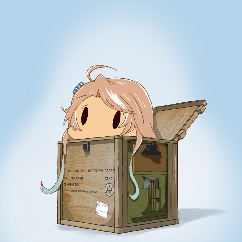 1951 1girl american_flag artist_request azur_lane blue_background box brooklyn_(azur_lane) character_name chilean_flag coat_of_arms corrupted_metadata dark-skinned_female dark_skin glasses in_box in_container light_brown_hair long_hair navy open_box pen pencil simple_background solo wooden_box