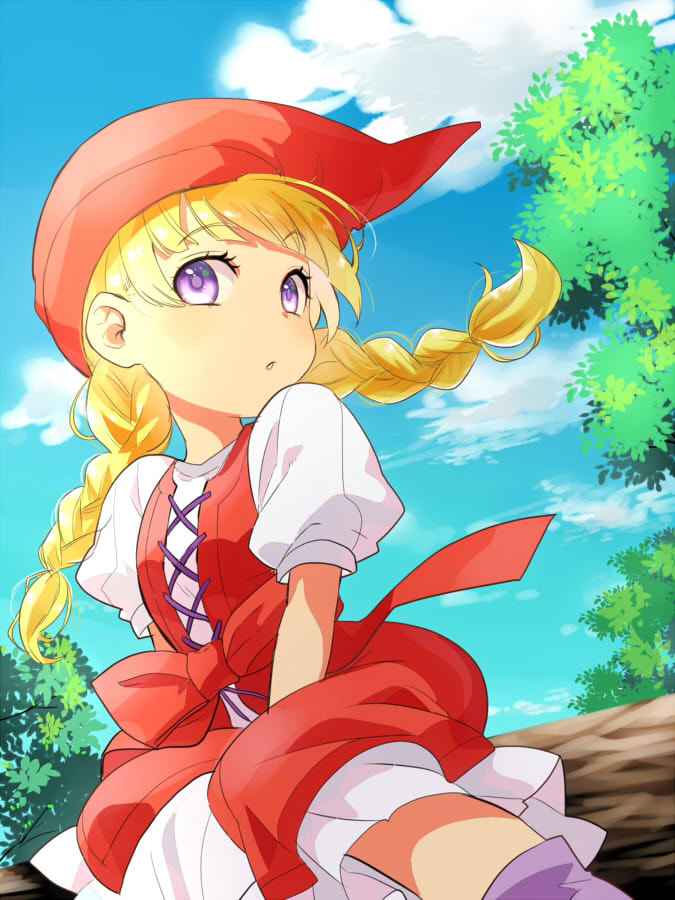 1girl blonde_hair blue_sky blunt_bangs bow braid cloud commentary_request dragon_quest dragon_quest_xi dress floating_hair harachann0524 hat looking_to_the_side low_twin_braids outdoors parted_lips puffy_short_sleeves puffy_sleeves purple_eyes purple_socks red_bow red_dress red_hat shirt shirt_under_dress short_sleeves sitting sitting_on_log sky socks solo tree twin_braids veronica_(dq11) waist_bow white_shirt