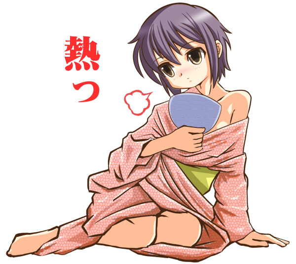 00s 1girl barefoot female_focus hot japanese_clothes johnmaru kimono nagato_yuki pink_kimono short_hair single_bare_shoulder solo suzumiya_haruhi_no_yuuutsu yukata
