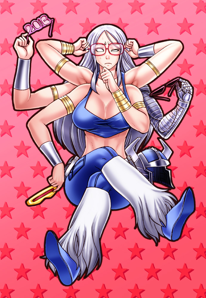 10s 1girl 2013 armlet belt_pouch bespectacled bracer breasts chiba_toshirou cleavage crop_top crossed_legs extra_arms fake_horns female_focus glasses helmet horned_helmet horns jewelry large_breasts long_hair marvel mechanical_arms midriff no_pupils pink_background pouch red-framed_eyewear silver_hair single_mechanical_arm sitting solo spiral_(marvel) star_(symbol) sunglasses unworn_headwear unworn_helmet visor x-men