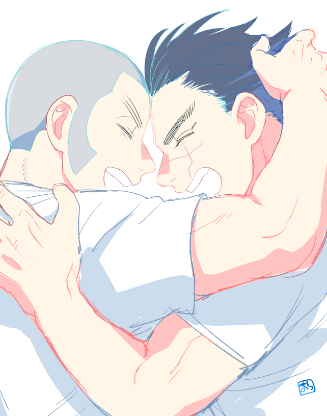 2boys black_hair closed_eyes crew_cut golden_kamuy heads_together hug kzouzou male_focus multiple_boys open_mouth scar scar_on_face shiraishi_yoshitake shirt simple_background sugimoto_saichi white_background white_shirt yaoi