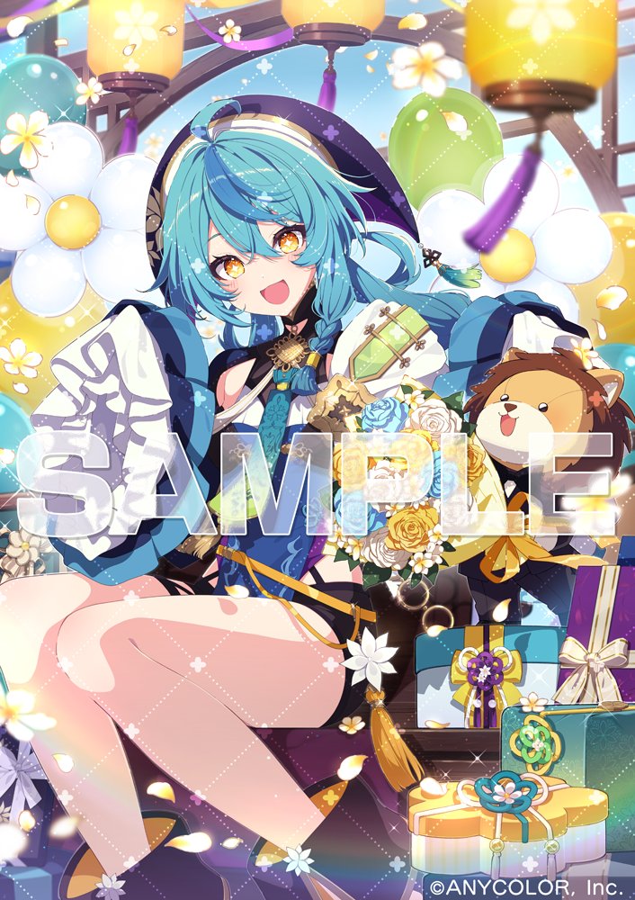 +_+ 1girl :d ahoge aqua_hair armpit_cutout asymmetrical_sleeves balloon black_bra black_shorts blue_hair blue_tabard blurry box bra bra_over_clothes braid clothing_cutout commentary_request depth_of_field flower gift gift_box hat mamyouda multicolored_hair nijisanji official_art open_mouth petals purple_hat sample_watermark shorts sitting sleeves_past_fingers sleeves_past_wrists smile solo streaked_hair stuffed_animal stuffed_lion stuffed_toy tabard tamanoi_nana tassel tongue two-tone_hair underwear virtual_youtuber watermark white_flower yellow_eyes
