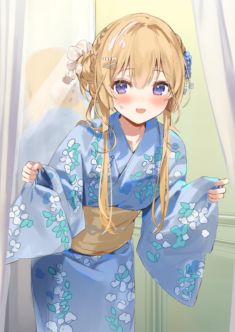 1girl :d blonde_hair blue_flower blue_kimono blush braid curtains fitting_room floral_print flower hair_between_eyes hair_bun hair_flower hair_ornament hair_scrunchie hairclip highres indoors japanese_clothes kanda_done kimono leaning_forward long_hair long_sleeves looking_at_viewer mirror obi open_mouth original pinching_sleeves print_kimono purple_eyes sash scrunchie sidelocks sleeves_past_wrists smile solo sweat white_flower wide_sleeves yukata