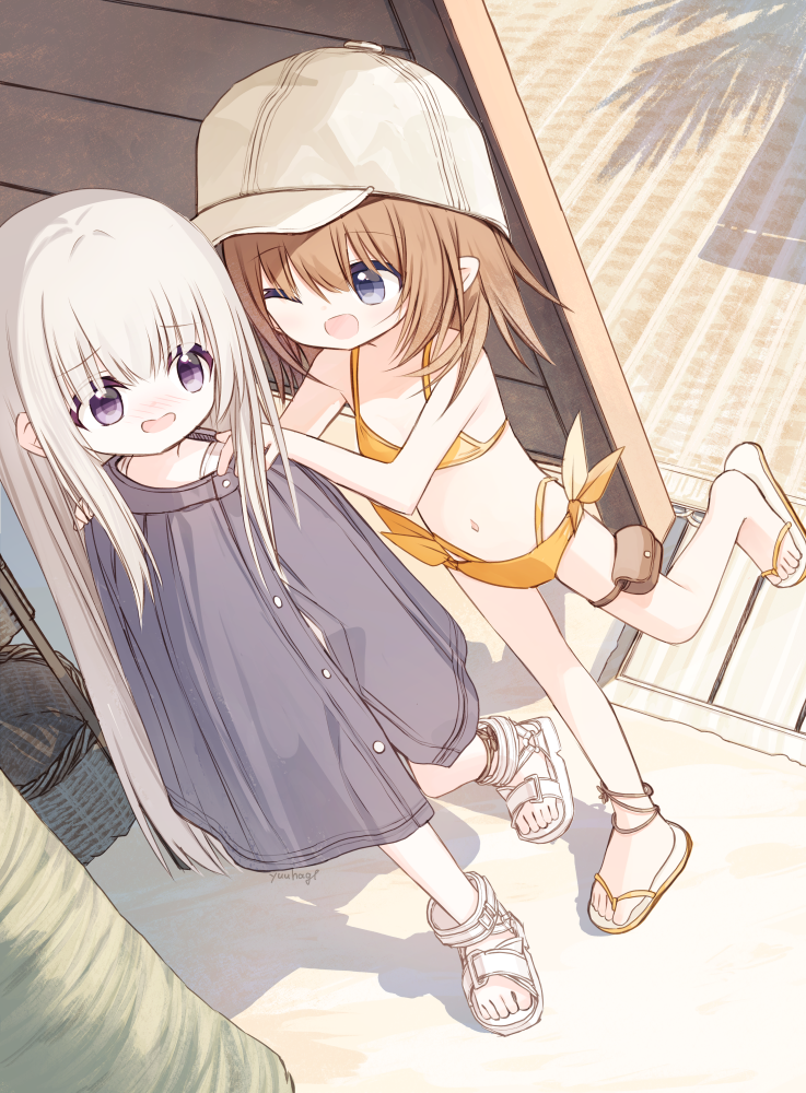2girls ;d bare_arms bare_shoulders baseball_cap bikini blue_eyes blush breasts brown_hair commentary_request from_above grey_hair hair_between_eyes hands_on_another&#039;s_shoulders hat multiple_girls navel nose_blush one_eye_closed open_mouth original pointy_ears purple_eyes sandals shadow side-tie_bikini_bottom small_breasts smile sports_sandals standing standing_on_one_leg swimsuit wavy_mouth white_footwear white_hat wrap_towel yellow_bikini yuuhagi_(amaretto-no-natsu)