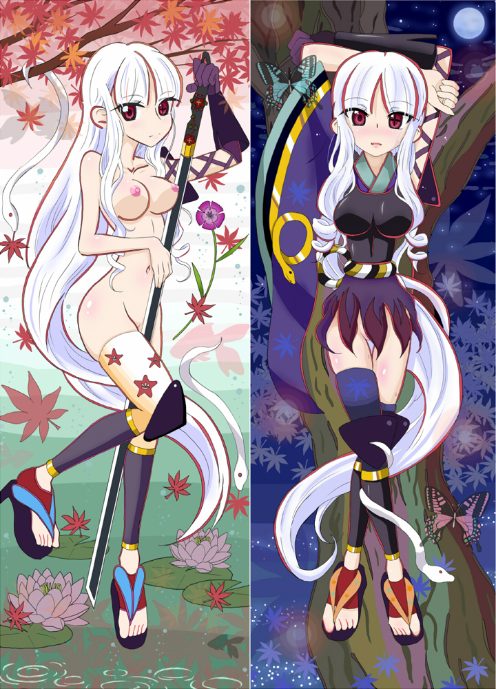 1girl breasts bug butterfly female_focus gloves insect japanese_clothes katanagatari kimono kneeguard lily_pad moon nude red_eyes sandals snake solo sword thighhighs togame weapon white_hair