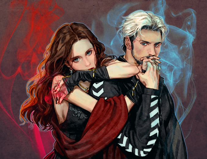 1boy 1girl arm_up arm_warmers avengers:_age_of_ultron avengers_(series) beard black_dress black_hair black_jacket black_nails blue_eyes breasts brother_and_sister brown_background brown_hair cape closed_mouth commentary covered_mouth dress earrings english_commentary facial_hair fingernails floral_print gem grey_eyes hand_up holding holding_hands jacket jewelry juneseo lips long_hair long_sleeves looking_at_viewer magic marvel marvel_cinematic_universe medium_breasts multicolored_hair nail_polish necklace pietro_maximoff red_cape red_gemstone scarlet_witch short_hair siblings simple_background sleeveless sleeveless_dress standing track_jacket two-tone_hair wanda_maximoff white_hair zipper