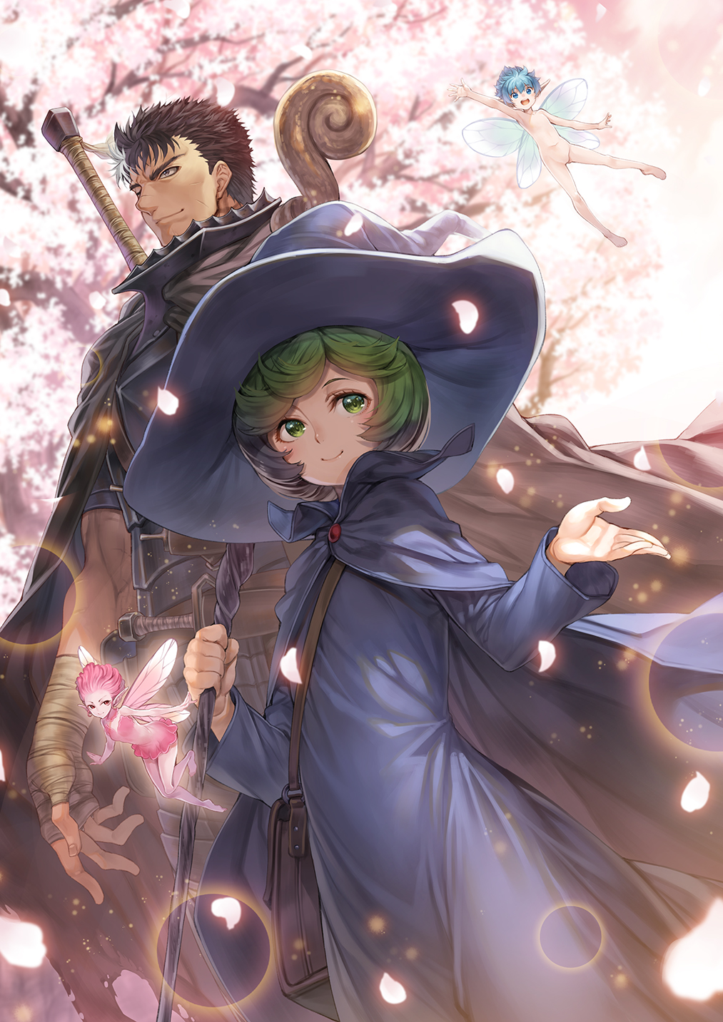 1boy 3girls :d bag bandaged_arm bandaged_hand bandages berserk black_cloak black_hair blue_cloak blue_eyes blue_hair blue_headwear blue_robe branch character_request check_character cherry_blossoms cloak closed_mouth commentary_request dress evarella_(berserk) fairy fairy_wings green_eyes green_hair guts_(berserk) hagure_keg hat highres holding holding_staff long_sleeves looking_at_viewer looking_away mini_person minigirl multiple_girls navel nude one_eye_closed open_mouth petals pink_dress pink_hair pointy_ears puck_(berserk) robe schierke_(berserk) shoulder_bag smile staff white_wings wings witch_hat