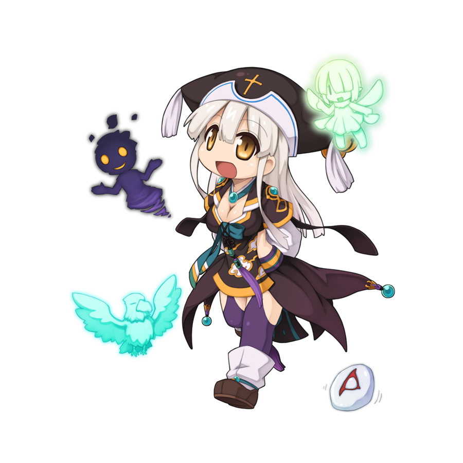 1girl :d arms_behind_back bell bird black_hat black_shirt black_skirt breasts brown_eyes brown_shoes chibi chibi_only cleavage fairy full_body garter_straps grey_hair hat hat_bell hip_vent jingle_bell large_breasts layered_sleeves long_sleeves looking_at_viewer noah_hat_(ragnarok_online) official_art open_mouth purple_thighhighs ragnarok_online rock shirt shoes short_over_long_sleeves short_sleeves simple_background skirt smile socks solo soul_reaper_(ragnarok_online) tassel thighhighs transparent_background walking white_sleeves white_socks yuichirou