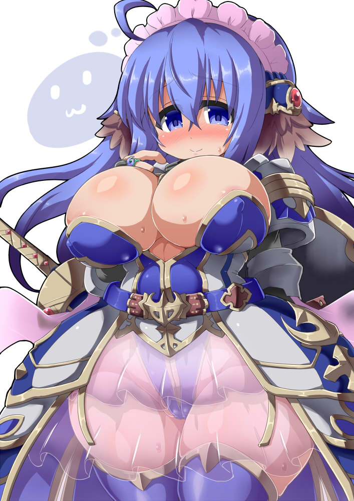 1girl :3 ahoge areola_slip armor armored_dress belt blue_belt blue_eyes blue_hair blue_thighhighs blush breasts closed_mouth commentary_request covered_erect_nipples cowboy_shot crossed_bangs curvy dress faulds gauntlets hair_between_eyes huge_breasts long_hair looking_at_viewer maid_headdress nose_blush official_alternate_costume pauldrons pink_skirt poring ragnarok_online rakuma_kanori raqunalize_elyuku_(rakuma_kanori) royal_guard_(ragnarok_online) see-through_clothes see-through_skirt shoulder_armor simple_background skirt smile solo thighhighs white_background