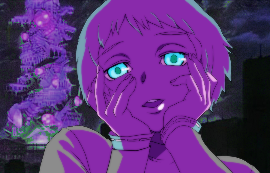 1girl aqua_eyes atlus bad_id bad_pixiv_id crownpink female_focus hands_on_own_cheeks hands_on_own_face mirai_nikki persona persona_3 purple_theme short_hair smile solo tartarus yamagishi_fuuka yandere yandere_trance