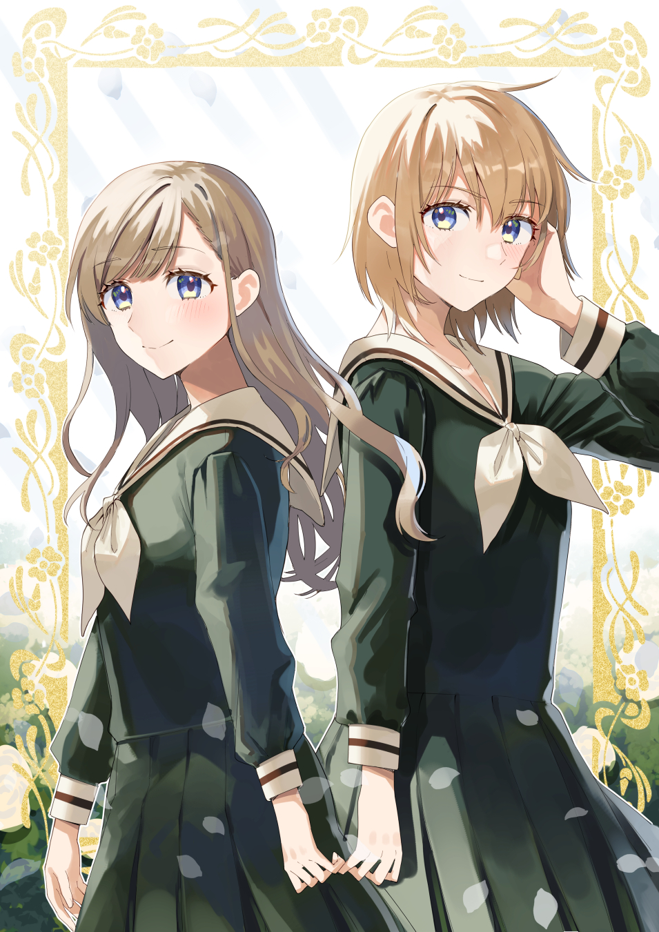 2girls blonde_hair blouse blue_eyes bush canno closed_mouth collarbone commentary_request cowboy_shot cowlick falling_petals framed from_side green_shirt green_skirt hand_in_own_hair hand_up highres light_blush long_hair long_sleeves looking_at_viewer maria-sama_ga_miteru multiple_girls neckerchief petals pinky_swear pleated_skirt sailor_collar satou_sei school_uniform serafuku shirt short_hair skirt smile toudou_shimako white_neckerchief yuri