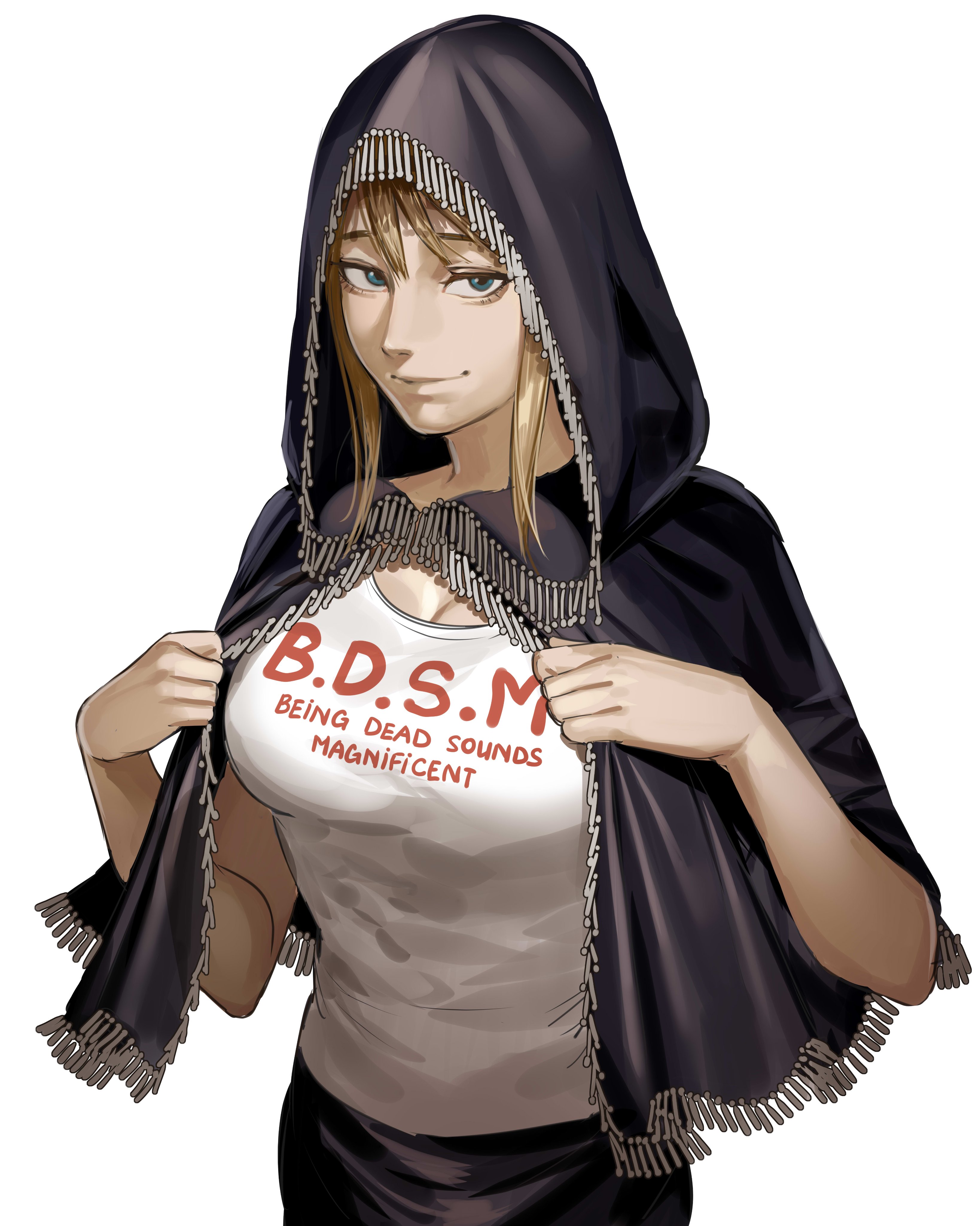 1girl absurdres alternate_costume black_capelet black_skirt blonde_hair blue_eyes breasts capelet cleavage closed_mouth contemporary elden_ring english_text fia_the_deathbed_companion hanny_(uirusu_chan) highres hood hood_up hooded_capelet long_hair looking_at_viewer medium_breasts shirt simple_background skirt sleeveless sleeveless_shirt smile solo white_background white_shirt