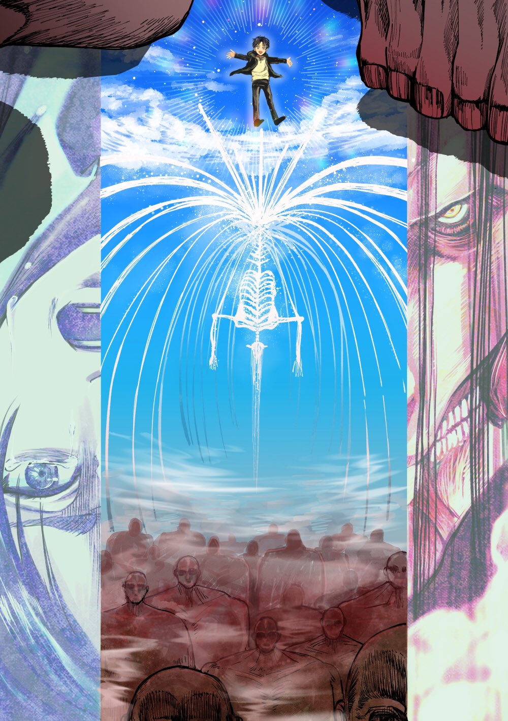 1boy :d absurdly_long_hair beige_shirt black_footwear black_hair black_jacket black_pants blue_eyes blue_sky bone child cloud colossal_titan crying crying_with_eyes_open day eren_yeager feet flying founding_titan full_body giant glowing grin highres jacket light_rays long_hair long_sleeves looking_at_viewer mochaxmr open_clothes open_jacket open_mouth out_of_frame outdoors outstretched_arms pants ribs rogue_titan shingeki_no_kyojin shoes short_hair sky smile spoilers spread_arms t-pose tears teeth titan_(shingeki_no_kyojin) toes upside-down very_long_hair yellow_eyes