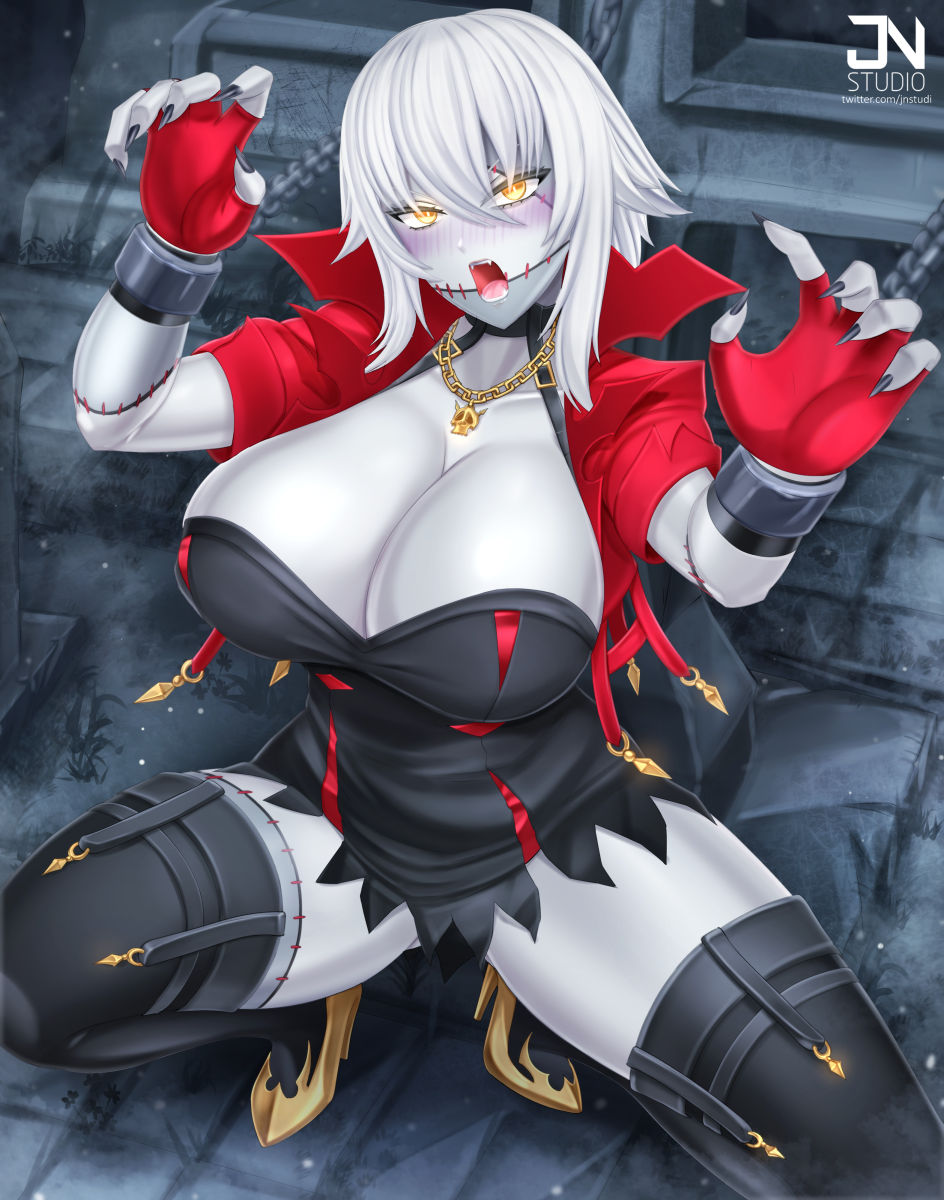1girl artist_logo black_boots black_dress black_nails blush boots breasts cleavage collarbone colored_skin cuffs dress fingerless_gloves fingernails gloves gold_boots gold_necklace grey_skin hair_between_eyes high_heel_boots high_heels highres huge_breasts jewelry jnstudio logo necklace open_mouth red_gloves sharp_fingernails short_dress short_hair skull_necklace solo squatting stitched_arm stitched_face stitched_leg stitches thigh_boots thighs tombstone twitter_username virtual_youtuber vshojo yellow_eyes zentreya zentreya_(cyborg) zombie