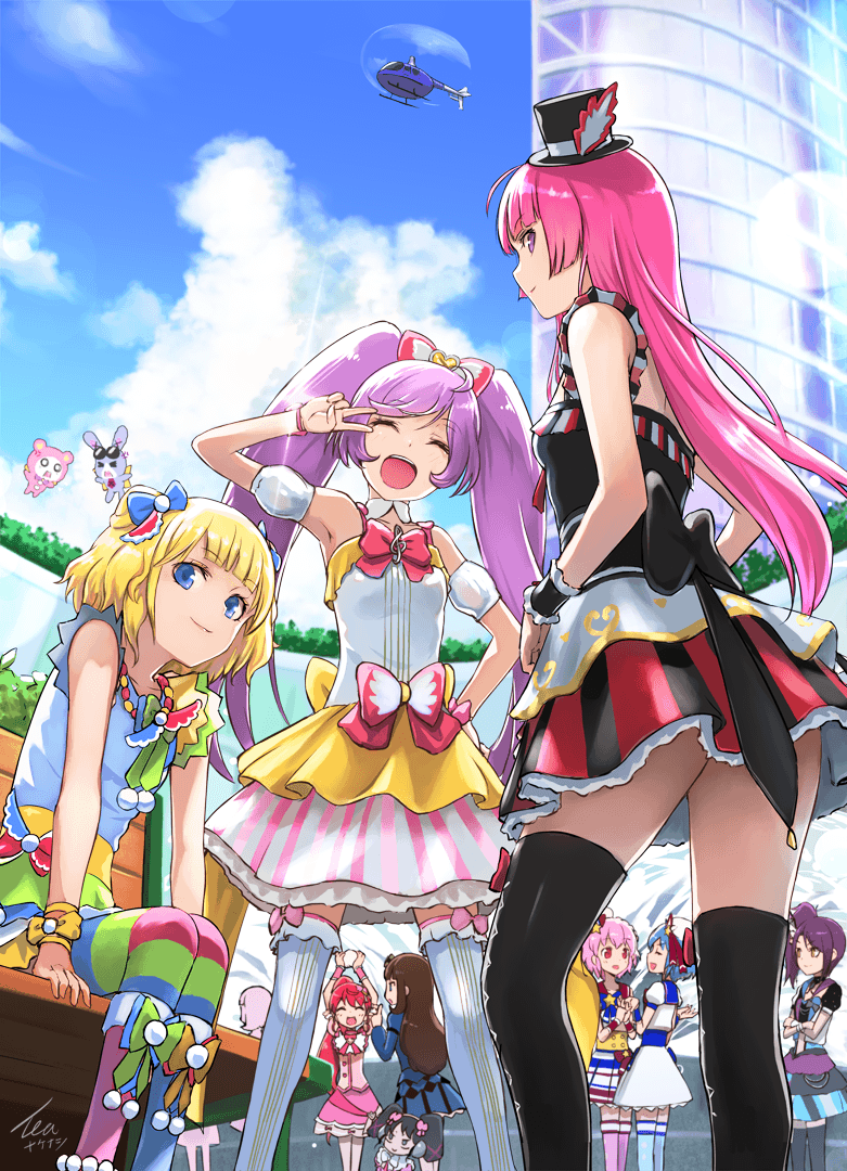 1boy 6+girls :d aircraft anger_vein arms_up artist_name bench black_legwear blonde_hair blue_eyes blue_hair blue_sky boots bow bracelet brown_hair building closed_eyes cloud commentary_request cone_hair_bun creature day dorothy_west dress flying gaaruru_(pripara) hair_bow hair_bun hand_on_own_hip hat helicopter hojo_sophy holding jewelry kuma_(pripara) kurosu_aroma layered_dress long_hair looking_at_viewer looking_back manaka_laala minami_mirei mini_hat mini_top_hat multiple_girls open_mouth outdoors pantyhose pink_hair ponytail pretty_series pripara purple_eyes purple_hair red_eyes reona_west shiratama_mikan shirt short_hair side_ponytail sitting sky skyscraper sleeveless sleeveless_dress sleeveless_shirt smile standing star_(symbol) striped_clothes striped_legwear striped_thighhighs sunglasses tea_(nakenashi) teeth thighhighs top_hat toudou_shion trap treble_clef twintails usagi_(pripara) v v_over_eye white_legwear