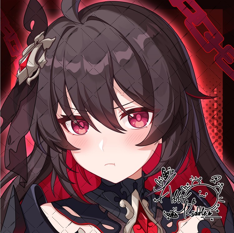 1girl abby_riddle artist_logo black_hair blush chain chinese_commentary colored_inner_hair commentary_request commission hair_between_eyes hair_ornament honkai_(series) honkai_impact_3rd logo long_hair looking_at_viewer multicolored_hair portrait pout red_eyes red_hair seele_(alter_ego) seele_vollerei seele_vollerei_(starchasm_nyx) solo