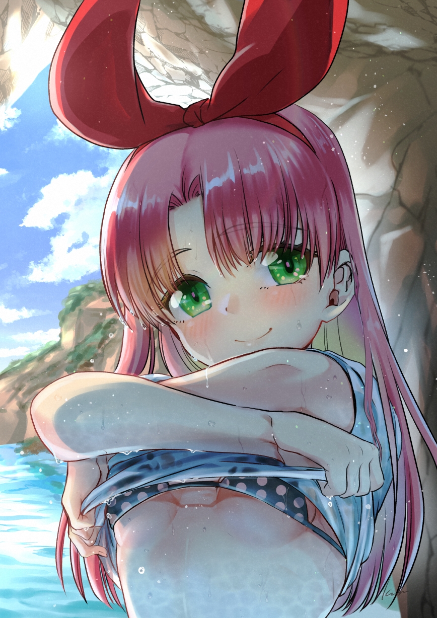 1girl arms_up bikini blush bow breasts cave closed_mouth cloud day green_eyes hair_bow highres kusu_(moo1225) lake laura_newfield long_hair looking_at_viewer outdoors parted_bangs pink_hair red_bow ribbon see-through_clothes shirt sky smile solo swimsuit t-shirt undressing upper_body water water_drop wet wet_clothes wet_shirt wet_swimsuit yuukyuu_gensoukyoku
