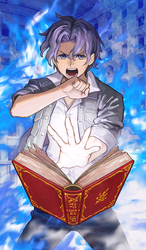 1boy b_suke black_pants blue_eyes blue_fire blue_hair book commentary cowboy_shot curtained_hair fate/grand_order fate/stay_night fate_(series) fire grey_jacket jacket matou_shinji official_art open_book open_mouth outstretched_arm pants shirt short_hair solo teeth third-party_source white_shirt