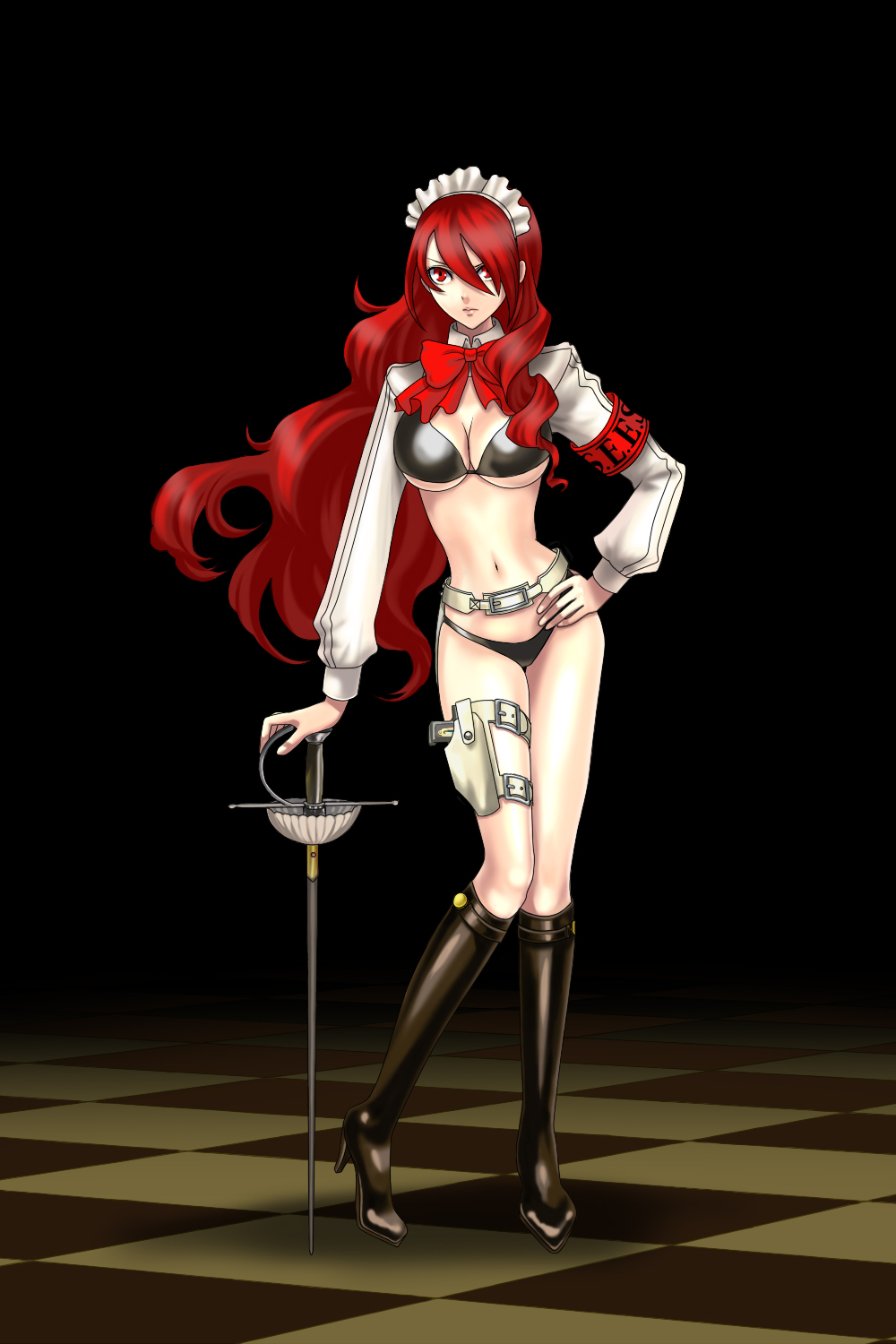 1girl allegra_clark armband atlus bad_id bad_pixiv_id bikini black_bikini black_boots boots bow breasts cleavage female_focus gun gun_holster hair_over_one_eye high_heel_boots high_heels highres holster kirijou_mitsuru knee_boots kurebayashi_rihito long_hair maid_headdress persona persona_3 persona_3_portable persona_3_reload rapier red_eyes red_hair solo swimsuit sword tanaka_rie tara_platt thigh_holster thigh_strap underboob voice_actor_connection weapon