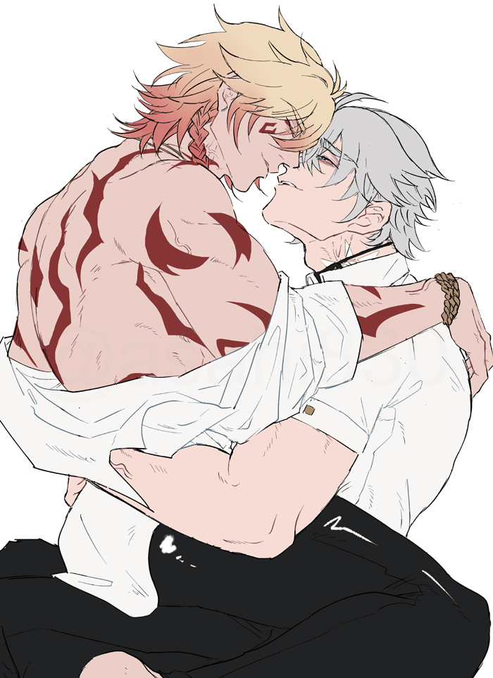 2boys adam&#039;s_apple arm_around_waist back back_muscles black_pants blonde_hair body_markings bracelet braid commentary facial_mark forehead-to-forehead gradient_hair head_back heads_together honkai:_star_rail honkai_(series) jewelry k-996 looking_at_another male_focus multicolored_hair multiple_boys muscular muscular_male mydei_(honkai:_star_rail) pants parted_lips phainon_(honkai:_star_rail) red_hair shirt shirt_partially_removed short_sleeves simple_background single_braid sitting sitting_on_lap sitting_on_person smile symbol-only_commentary white_background white_shirt yaoi