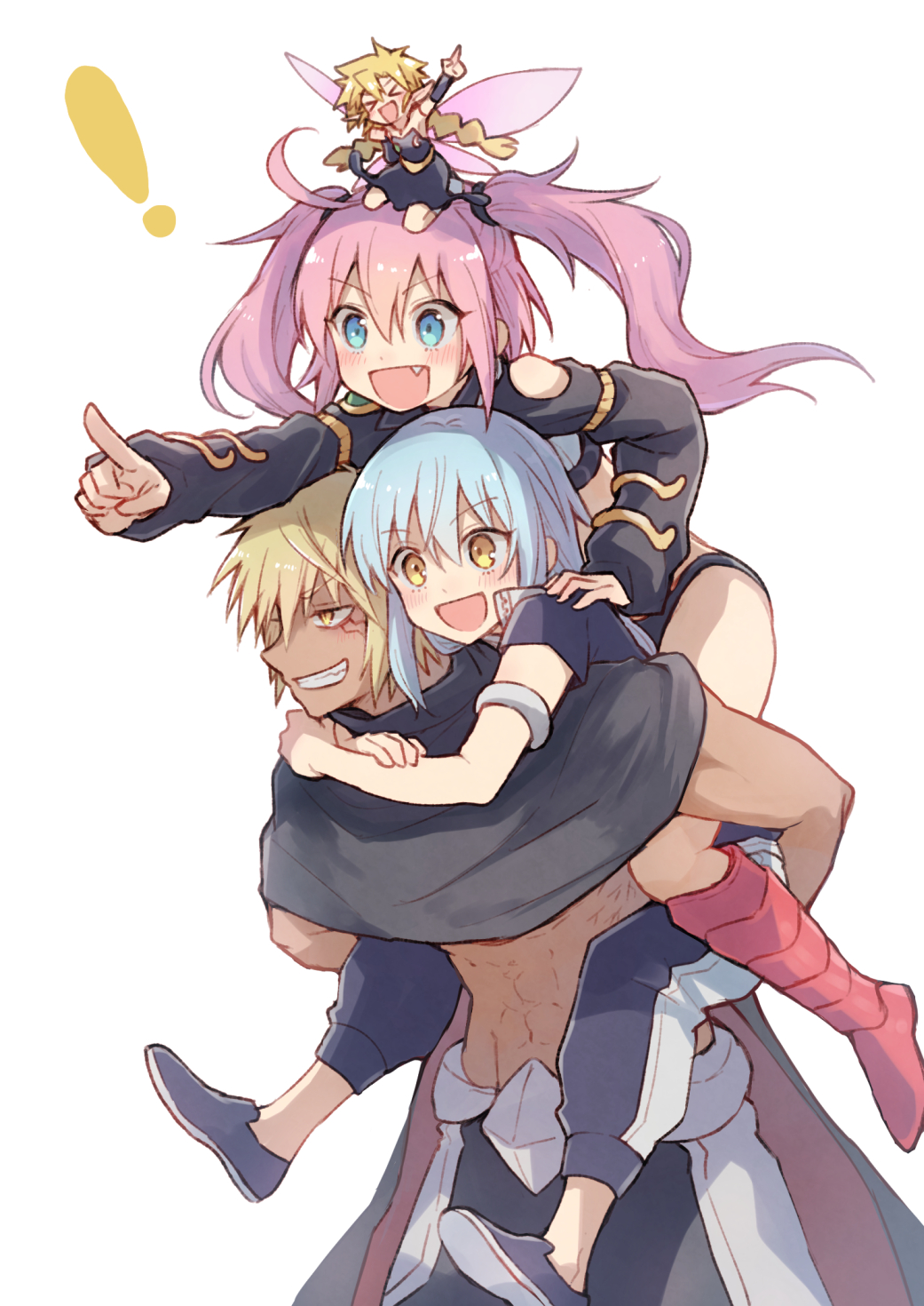 ! &gt;_&lt; 1boy 1other 2girls :d abs ahoge androgynous arm_up black_capelet blonde_hair blue_eyes blue_hair boots capelet carrying clothing_cutout commentary_request dark-skinned_male dark_skin eyelashes fairy fairy_wings grin happy highres human_tower index_finger_raised knee_boots long_hair long_sleeves makeup milim_nava mini_person minigirl multiple_girls muscular muscular_male on_head open_mouth piggyback pink_hair pointing pointing_forward ramiris red_footwear rimuru_tempest shake_sawa shoulder_cutout simple_background smile stacking tensei_shitara_slime_datta_ken two_side_up v-shaped_eyebrows veldora_(tensura) white_background wings yellow_eyes