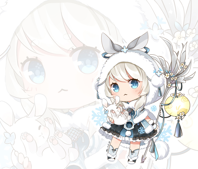 1girl :&lt; animal animal_ears ankle_socks black_boots black_wrist_cuffs blue_dress blue_eyes blue_flower blue_socks boots capelet chibi chinese_commentary closed_mouth commentary_request dress ears_through_headwear eyelashes flower frilled_dress frills frown fur-trimmed_boots fur-trimmed_capelet fur-trimmed_hood fur-trimmed_wrist_cuffs fur_trim grey_capelet grey_hair hat hat_flower hat_tassel holding holding_animal holding_rabbit holding_staff hood hood_up hooded_capelet kexi_shi_ge_hentai lantern light_blush looking_at_viewer medium_dress miracle_nikki nikki_(series) outline pom_pom_hat_ornament rabbit rabbit_ears rabbit_of_room_sun_(miracle_nikki) short_hair_with_long_locks signature snowflake_print socks solo staff standing tareme tassel white_background white_flower white_outline wrist_cuffs zoom_layer