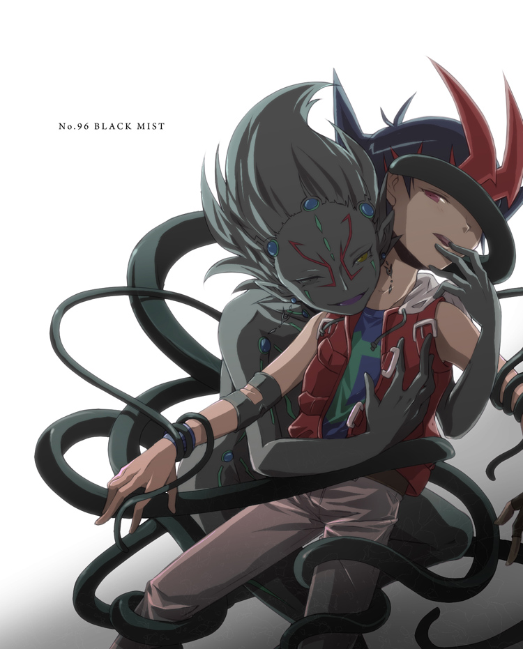 2boys armband bare_shoulders black_hair blue_shirt blue_wrist_cuffs body_markings bound bound_arms bound_legs bound_together bound_wrists colored_bangs consensual_tentacles covering_another&#039;s_eyes eeta english_text facial_mark facing_to_the_side facing_viewer fingers_to_mouth grey_armband grin hair_slicked_back hand_on_another&#039;s_chest hand_on_another&#039;s_chin hand_on_tentacle hood hooded_vest hoodie hug kneeling leaning_back leaning_forward leaning_on_person leaning_to_the_side looking_at_another male_focus multiple_boys number_96_dark_mist on_ground one_eye_closed open_clothes open_mouth open_vest outstretched_arms pants red_eyes red_vest shirt sleeveless sleeveless_shirt smile spiked_hair tentacles tentacles_on_male tentacles_under_clothes tied_up_(nonsexual) tsukumo_yuma vest white_background white_hood white_pants wrist_cuffs yellow_eyes yu-gi-oh! yu-gi-oh!_zexal