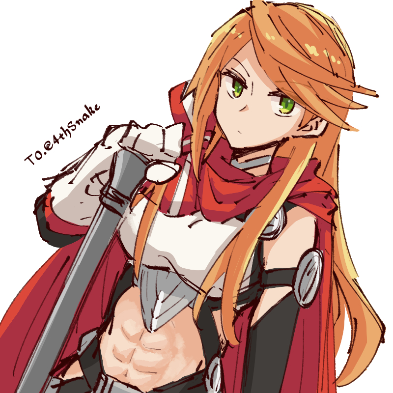 1girl abs alonemistrist alternate_costume breasts cape closed_mouth commentary cosplay dagr_(fire_emblem) dagr_(fire_emblem)_(cosplay) english_commentary etie_(fire_emblem) fire_emblem fire_emblem_engage fire_emblem_heroes gloves green_eyes long_hair looking_at_viewer medium_breasts midriff nintendo orange_hair red_cape solo swept_bangs white_background white_gloves