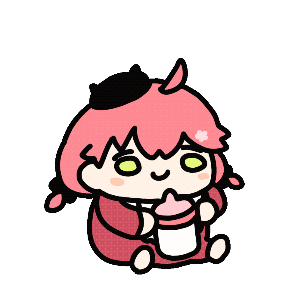 &gt;_&lt; 1girl ahoge animated animated_gif baby_bottle bell bib black_headwear blush_stickers bottle chibi commentary detached_sleeves drinking english_commentary fuwafuwa_35 green_eyes hololive looping_animation o_o pink_hair sakura_miko sitting solo transparent_background virtual_youtuber