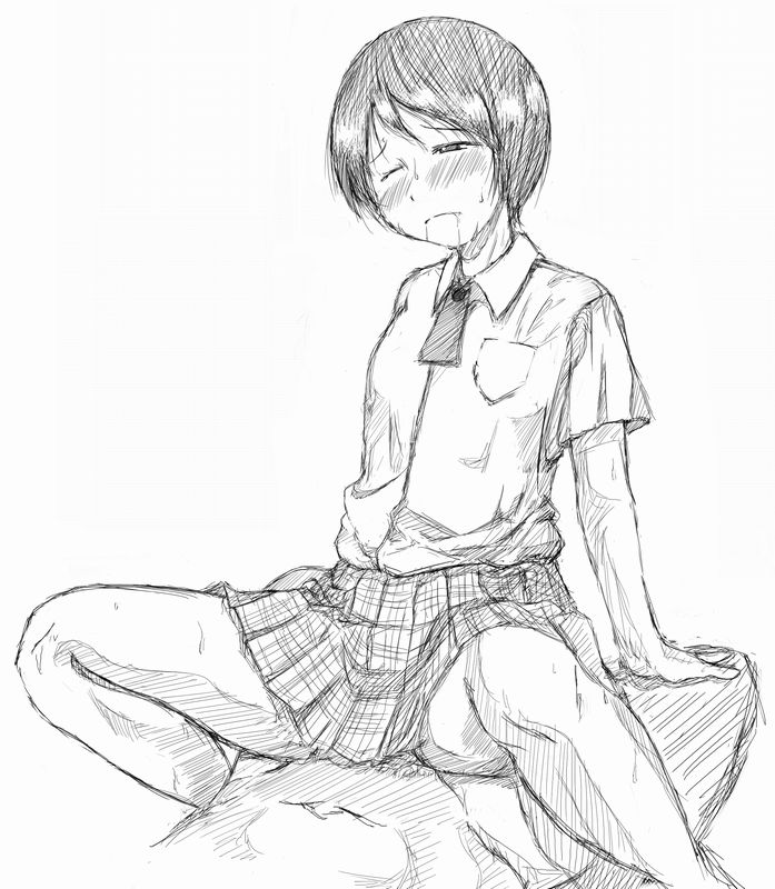 1boy 1girl bad_id bad_pixiv_id blush breasts clothed_sex drooling girl_on_top greyscale hetero hiwatari jun_(666) monochrome one_eye_closed plaid_clothes plaid_skirt saliva school_uniform serafuku sex shimau short_hair simple_background sketch skirt small_breasts solo_focus spread_legs vaginal white_background wince wink yotsubato!