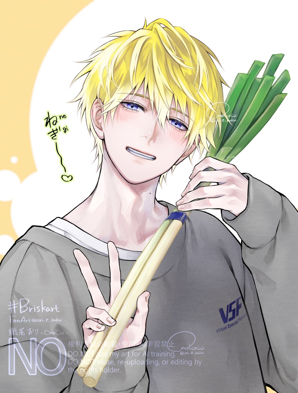 1boy artist_name blonde_hair blue_eyes blush collarbone commentary_request food grey_sweater grin hair_between_eyes hands_up highres holding holding_food long_sleeves looking_at_viewer male_focus mole mole_on_neck nijisanji nijisanji_en official_alternate_costume shiosawaori shirt short_hair signature sleeves_past_wrists smile solo sonny_brisko sonny_brisko_(3rd_costume) spring_onion sweater teeth twitter_username upper_body v virtual_youtuber watermark white_background white_shirt yellow_background