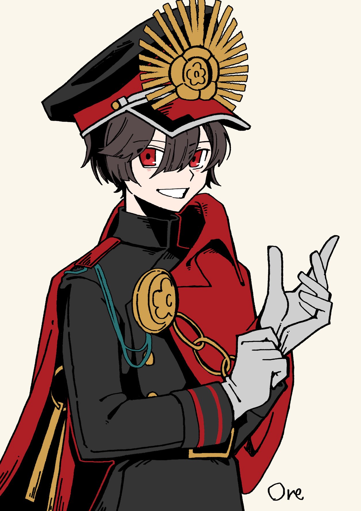 1girl alternate_hairstyle artist_name black_hair buttons cape chain crest family_crest glove_pull gloves goma1021 grin hair_between_eyes hat highres jacket long_sleeves looking_at_viewer oda_nobunaga_(fate) oda_uri peaked_cap red_cape red_eyes short_hair simple_background smile solo teeth white_background white_gloves