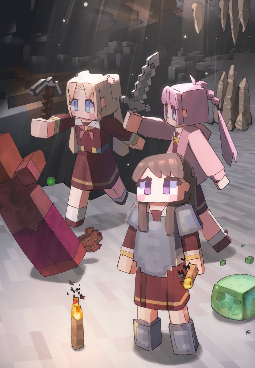 3girls ahoge anyoji_hime armor armored_boots blonde_hair blue_eyes blunt_bangs blush_stickers boots breastplate brown_dress brown_hair brown_shoes cave cave_interior commentary dress flower fujishima_megumi grey_armor grey_boots hair_flower hair_ornament hasu_no_sora_school_uniform holding holding_pickaxe holding_sword holding_torch holding_weapon hood hooded_jacket indoors jacket lao_ren_xing link!_like!_love_live! long_hair long_sleeves love_live! medium_dress minecraft minecraft_(style) minecraft_pickaxe minecraft_sword mira-cra_park! multi-tied_hair multiple_girls neckerchief no_mouth open_clothes open_jacket osawa_rurino parted_bangs pickaxe pink_flower pink_hair pink_jacket ponytail purple_eyes red_neckerchief rotten_flesh sailor_collar sailor_dress school_uniform shoes sidelocks slime_(minecraft) socks stalactite stalagmite sunlight swept_bangs sword torch twintails two_side_up virtual_youtuber weapon white_sailor_collar white_socks winter_uniform yellow_neckerchief zombie_(minecraft)