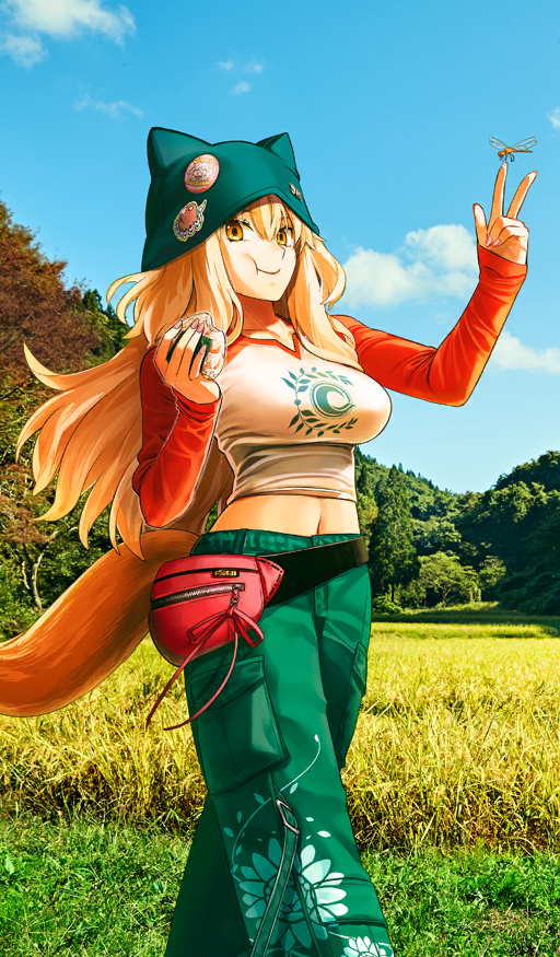 1girl badge blue_sky breasts bug button_badge chaldea_logo collarbone commentary_request crop_top day dragonfly eating fanny_pack fate/grand_order fate_(series) feet_out_of_frame food fox_girl fox_tail game_cg green_hat green_pants hair_between_eyes hat holding holding_food insect long_hair long_sleeves looking_at_viewer medium_breasts midriff navel official_art onigiri orange_eyes orange_hair orange_sleeves outdoors pants photo_background raglan_sleeves sky solo suzuka_gozen_(fate) suzuka_gozen_(over_the_same_sky)_(fate) tail takenoko_seijin third-party_source v walking