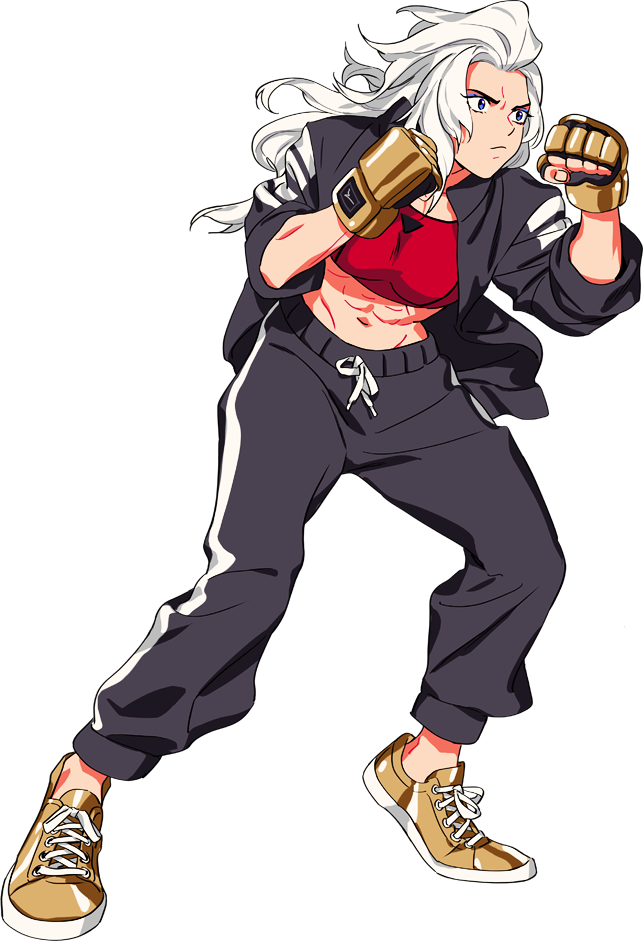1girl abs artist_request black_jacket black_pants black_track_suit breasts crop_top double_dragon fingerless_gloves gloves jacket long_hair marian_kelly midriff muscular muscular_female navel official_art open_clothes open_jacket padded_gloves pants red_sports_bra river_city_girls_2 shoes sneakers solo sports_bra track_pants track_suit white_hair