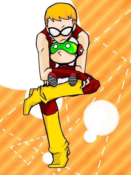 2boys boots cartoon_network dc_comics domino_mask fingerless_gloves gloves goggles hug image_sample male_focus mas_(dc) mask multiple_boys orange_hair pixiv_sample red_hair roy_harper shoes speedy striped_background teen_titans yellow_footwear
