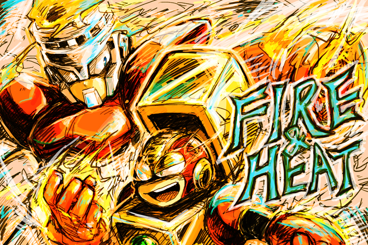 2boys android arm_cannon armor blue_eyes character_name covered_mouth english_text fire fire_man green_eyes heat_man helmet looking_to_the_side male_focus mega_man_(classic) mega_man_(series) mega_man_1 mega_man_2 multiple_boys open_mouth robot tai_meshiko teeth upper_teeth_only weapon
