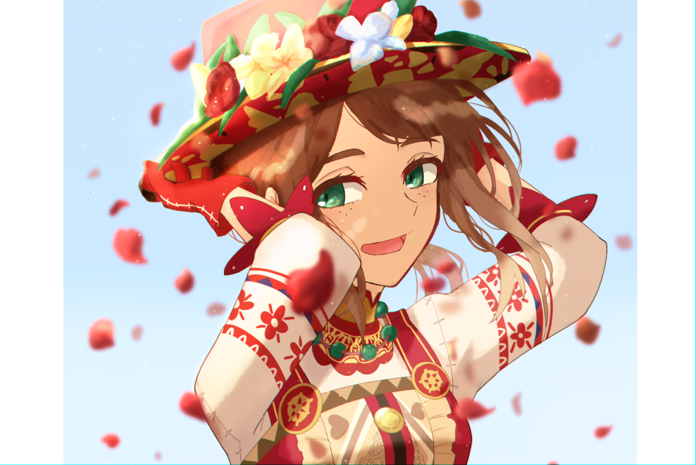 1girl arms_up bead_necklace beads blue_background brown_hair day emma_woods emma_woods_(spring_demon) flower freckles gloves green_eyes hands_up hat hat_flower identity_v jewelry letterboxed looking_at_viewer necklace outdoors red_gloves red_hat solo temari_(chirimencandy1224)