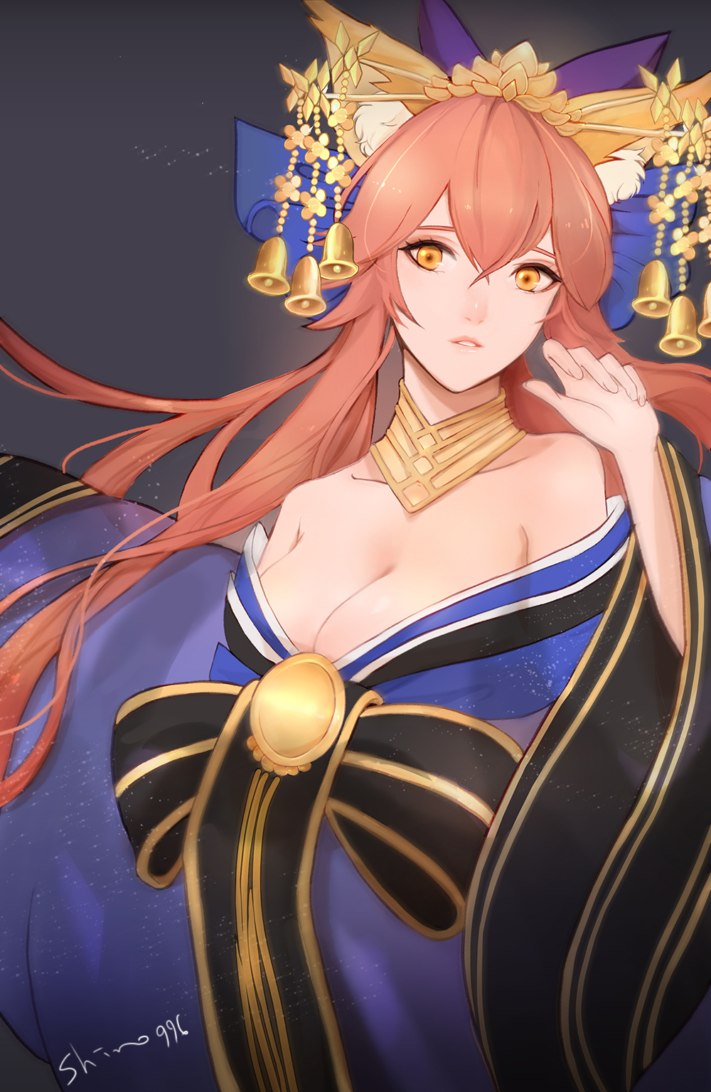 10s 1girl animal_ears bad_id bad_pixiv_id bare_shoulders bell breasts cleavage fate/extra fate/grand_order fate_(series) female_focus fox_ears fox_tail highres japanese_clothes large_breasts long_hair official_alternate_costume pink_hair shino_(mufn5785) sketch solo tail tamamo_(fate) tamamo_no_mae_(fate) tamamo_no_mae_(third_ascension)_(fate) yellow_eyes